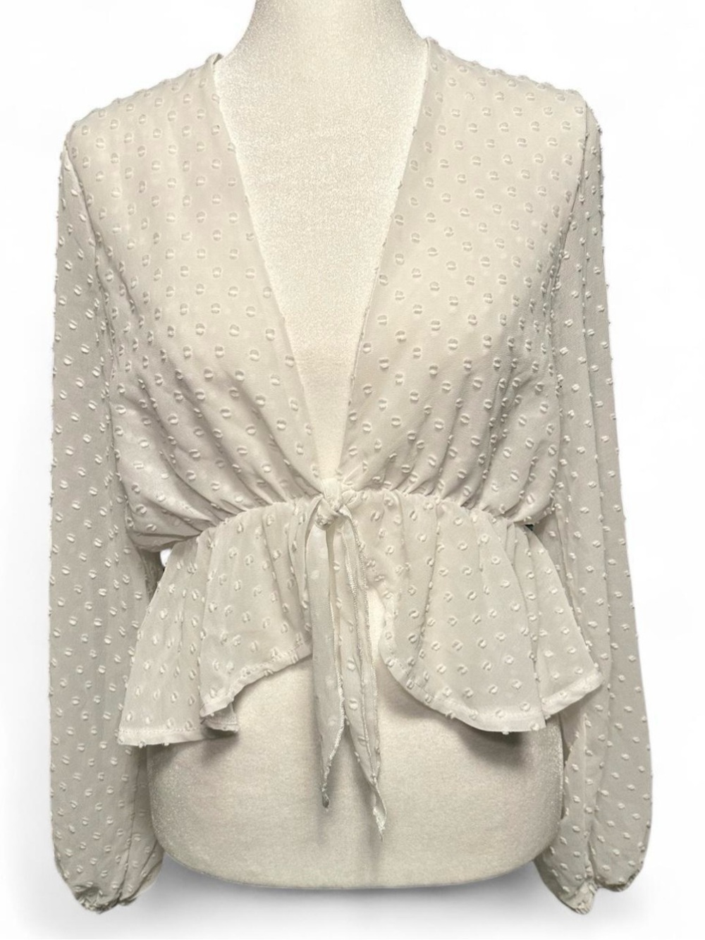White Swiss Dot Tie-Front Peplum Blouse